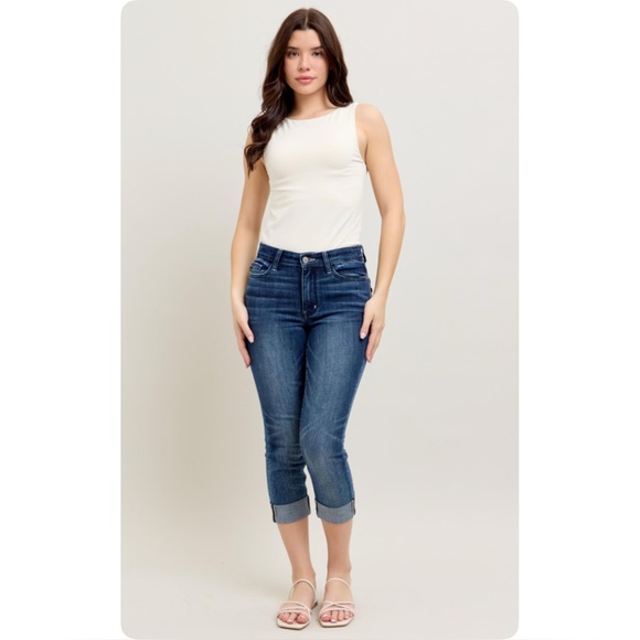 Judy Blue Dark Wash Cuffed Capris-Stretchy Comfort - Picture 1 of 5